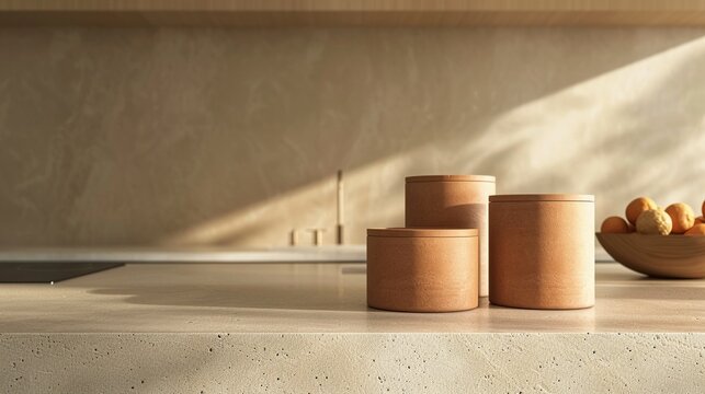 Artistic array of terracotta canisters on a countertop in a modern kitchen bathed in sunlight.