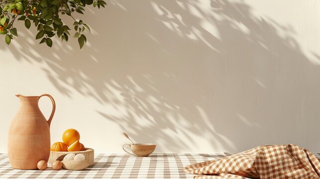 Picnic setting with a terracotta pitcher and fruit bowl under a tree's dappled light.