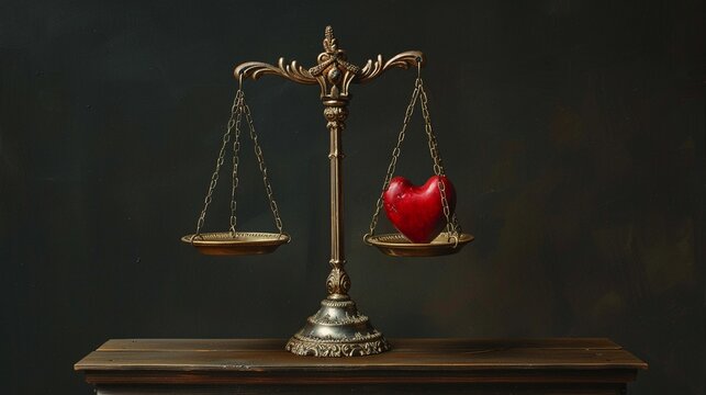 Romantic symbolism with a red heart balanced on vintage scales against a dark background.