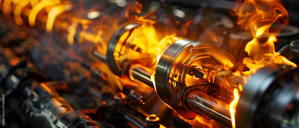 Poster conceptual image of mechanical gears in motion with blazing fire effects.