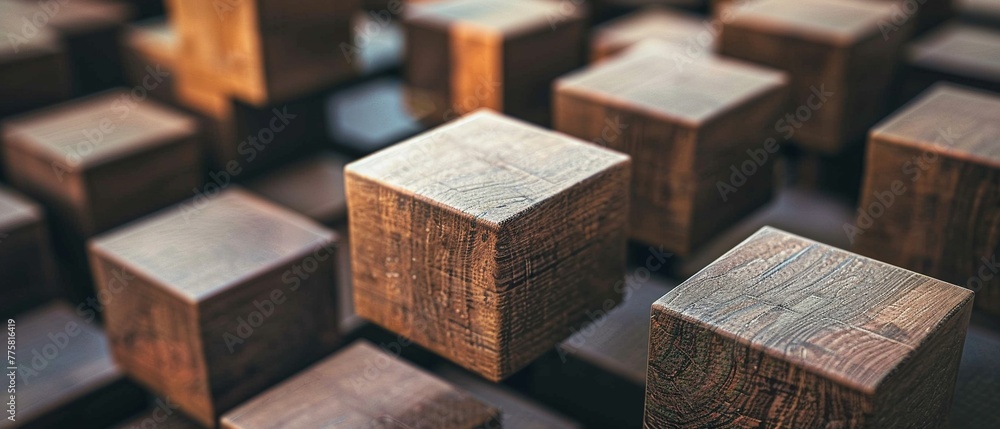 Poster pattern of uniform wooden cubes symmetrically arranged with selective focus.