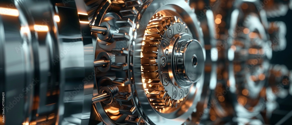 Poster close-up view of intricate metal gears and cogs within a machinery concept.