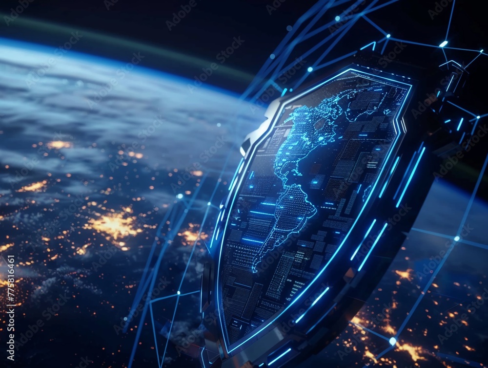 Poster digital shield over earth from space symbolizing global cybersecurity and data protection.