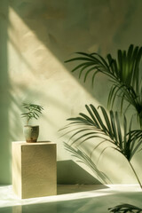 Artistic home interior with green textured wall, plants in a pot, light and shadows