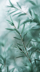 Pastel blue green coloured plant with narrow leaves, organic natural foliage wallpaper with blurred background and bokeh.