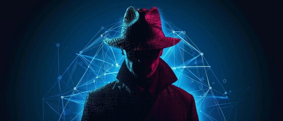 Detective concept with cybernetic brain network, illustrating artificial intelligence and crime solving. - obrazy, fototapety, plakaty