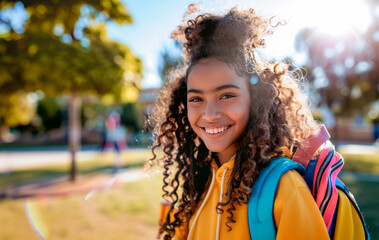 portrait of happy young girl with curly hair with schoolbag, standing in a sunny schoolyard. Back to school.