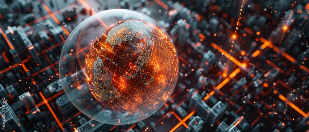 Poster orbital energy sphere on circuit background representing global data, connectivity, and network.
