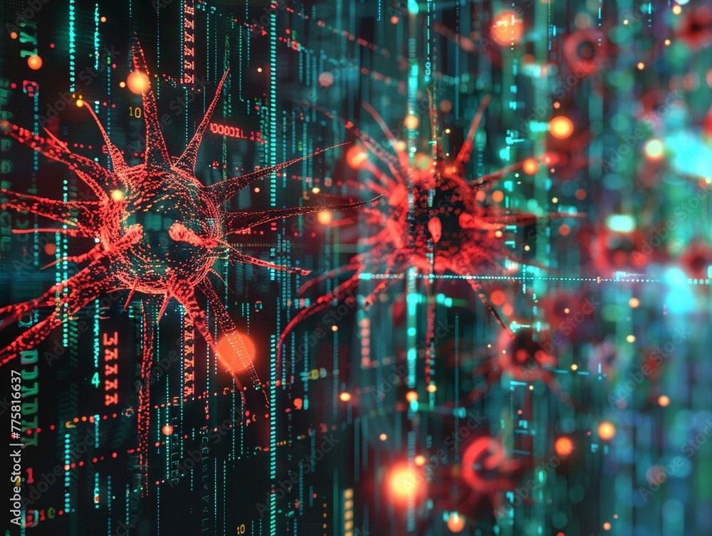 Poster digital depiction of a virus network on a cybernetic background symbolizing cybersecurity threats.