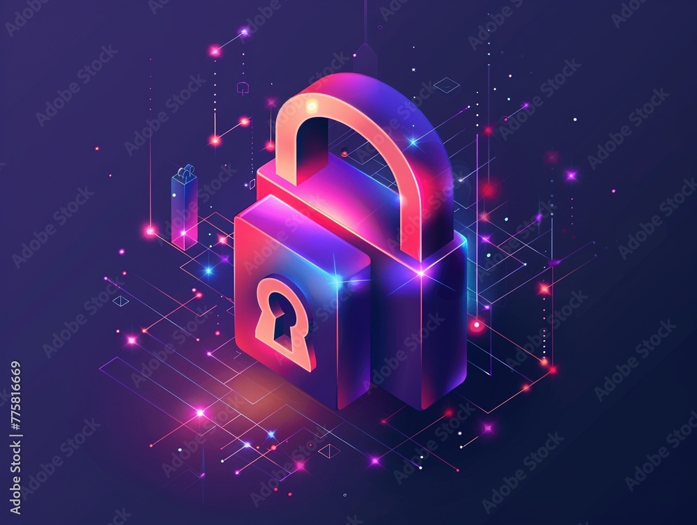 Poster futuristic purple padlock floating above a neon circuit board representing virtual cybersecurity.