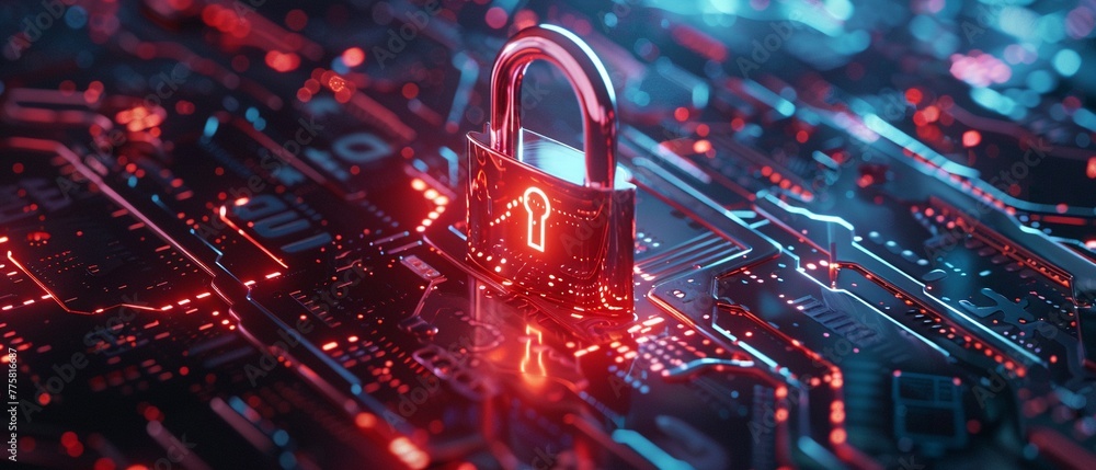 Poster red neon lock symbolizing secure cybersecurity on a dark circuit board background.