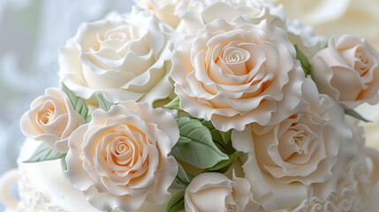 Exquisite sugar roses delicately arranged atop a pristine white birthday cake.