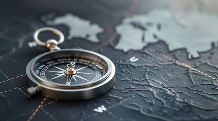Classic compass on a world map suggesting navigation, exploration, travel, and global adventure. - obrazy, fototapety, plakaty