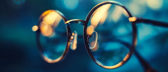 Vintage eyeglasses on a blurred background implying vision, focus, and intellectual pursuit. - obrazy, fototapety, plakaty