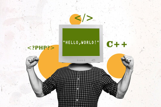Trend artwork sketch photo collage of young programmer man hacker coding program remote work php language monitor head say hello world