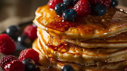 Tempting Breakfast of Golden Pancakes Topped with Berries and Syrup on a Rustic Plate