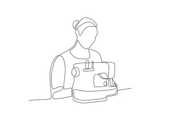 Female seamstress is sewing.Business small one-line drawing