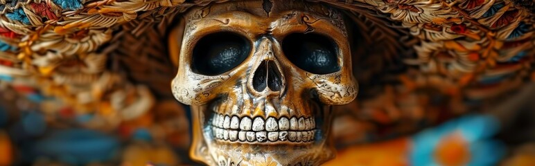 Skull sculpture decorated in the style of the Mexican holiday Day of the Dead with exquisite patterns and bright colors on a wide-brimmed hat. - obrazy, fototapety, plakaty