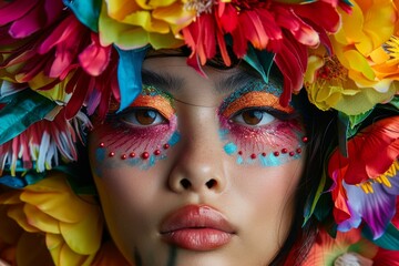 Close-up of a model's face with eclectic floral makeup and a captivating expression