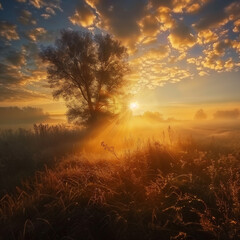 Sunrise over a foggy meadow and a lonely tree