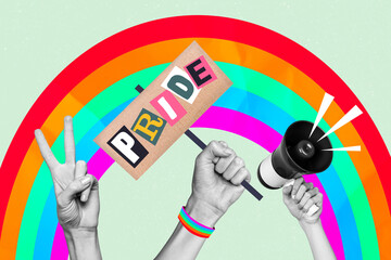 Composite image collage of hand hold picket colorful rainbow lgbt bullhorn propaganda tolerance symbol isolated on colorful background - 775817062