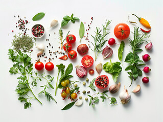 Assorted Fresh Herbs and Spices on White Background