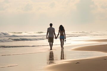 A couple walking on the beach holding hands