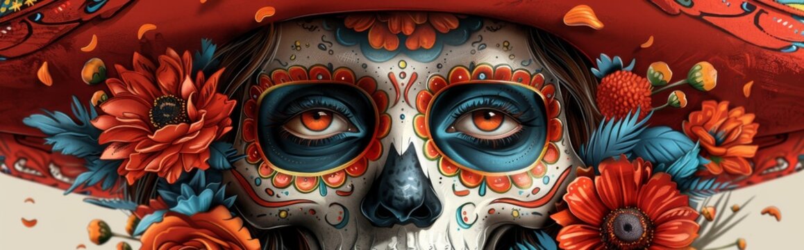 "La Catrina" style masks, with rich floral patterns and traditional face painting. Concept: culture and art of Mexico, celebration of the Day of the Dead