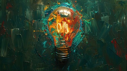 Colorful paint forming a lightbulb on dark green background - Creative inspiration and artistic revelation depicted through fluid paint converging into a radiant lightbulb. - obrazy, fototapety, plakaty