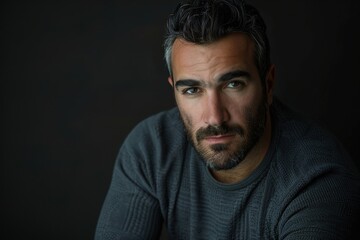 Obraz premium A man with a beard and glasses is wearing a gray sweater