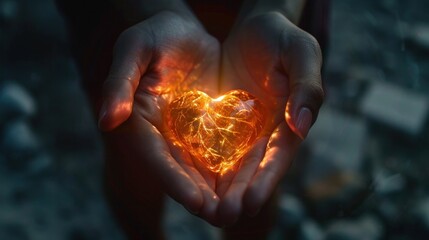 Radiant heart held in hands, conveying kindness and compassion - obrazy, fototapety, plakaty