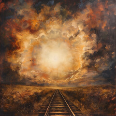 Painting of a train track leading to the sun