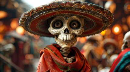 A skeleton figurine wearing traditional Mexican clothing and a wide-brimmed hat decorated with flowers symbolizes the Day of the Dead holiday. Mexican culture - obrazy, fototapety, plakaty