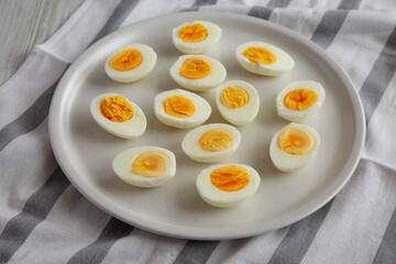 Cooked Hard Boiled Eggs on a Plate, side view.