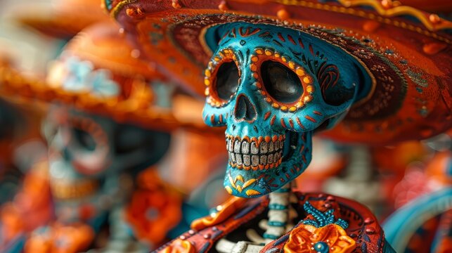 Skull sculpture decorated in the style of the Mexican holiday Day of the Dead with exquisite patterns and bright colors on a wide-brimmed hat.