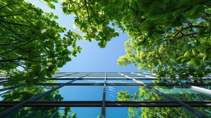 Harmony of architecture and nature in a green business concept, featuring a glass office tower surrounded by greenery.