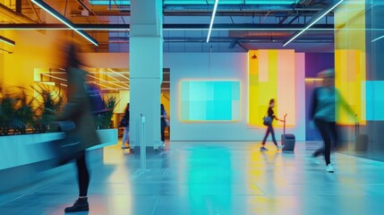 Busy workspace with futuristic lighting and pops of color, reflecting innovation. - Powered by Adobe