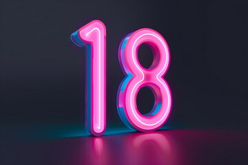 Pink neon sign of number eighteen. Symbol 18 isolated on black background