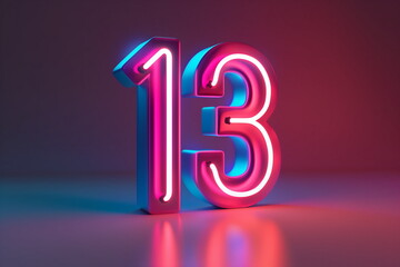 Glowing neon lamps sign of number thirteen. Symbol 13 isolated on dark background