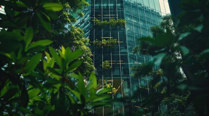 Golden hour shot of a sleek glass building surrounded by nature, highlighting the concept of green business practices.