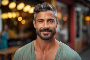 A man with a beard and a smile is standing in front of a restaurant