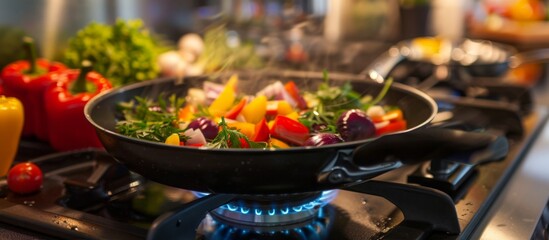 Vegetables cooking in a pan on a stove - obrazy, fototapety, plakaty