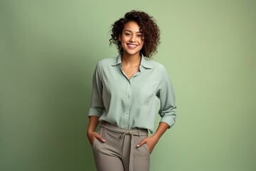 A woman is wearing a green shirt and khaki pants