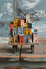 Сharming and whimsical display of miniature, colorful houses arranged on a wooden shelf. The houses are painted in vibrant hues of red, yellow and blue, each adorned with unique details