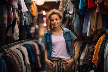 A woman stands in a clothing store, smiling for the camera