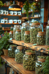 The cannabis store. Marijuana on the store counter in jars