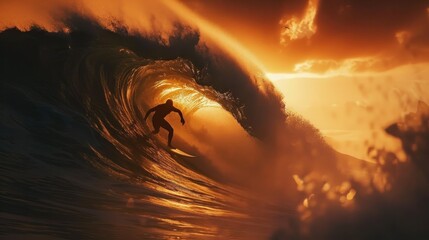 Silhouette of a surfer conquering a colossal wave's barrel, the setting sun casting golden hues over the ocean, capturing the essence of adrenaline and adventure. - obrazy, fototapety, plakaty
