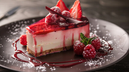 Layers of velvety cheesecake adorned with vibrant fruit compote, a culinary masterpiece.