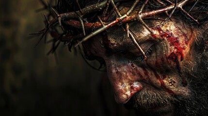 Christ with crown of thorns. Conveys spiritual depth. Easter-themed photography.