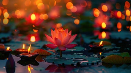 Diwali Festival. Vibrant Colors Illuminate Exquisite Lotus Flowers and Gleaming Diyas